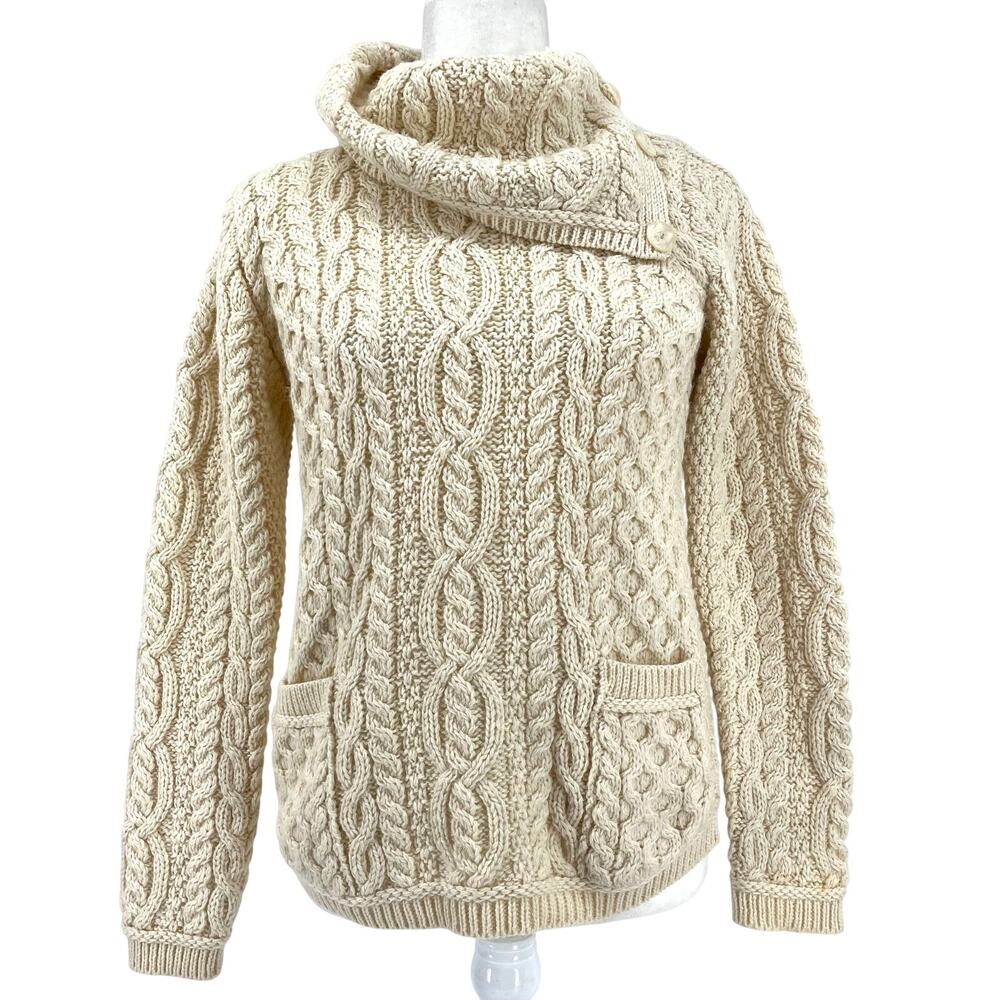 Aran Mor Women’s S Aran Vintage Cream Cable Knit Sweater Folding Collar‎